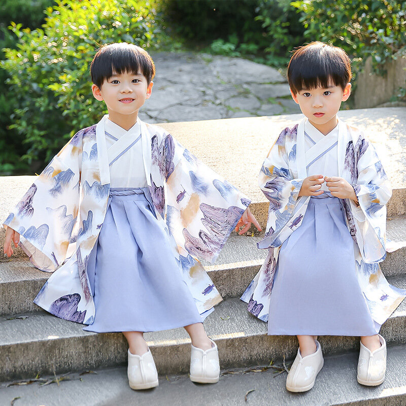 Summer Boys Ancient Hanfu Long Sleeve Tang Suit Landscape Printing Kids Two Piece Set Cotton Children Perform Costumes