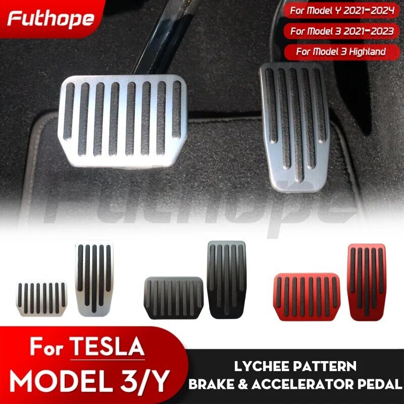 Futhope Anti Slip Almofadas de pedal de carro, capas para Tesla Model 3 Y Highland, Litchi Grain, descanso de freio acelerador, 2021-2024