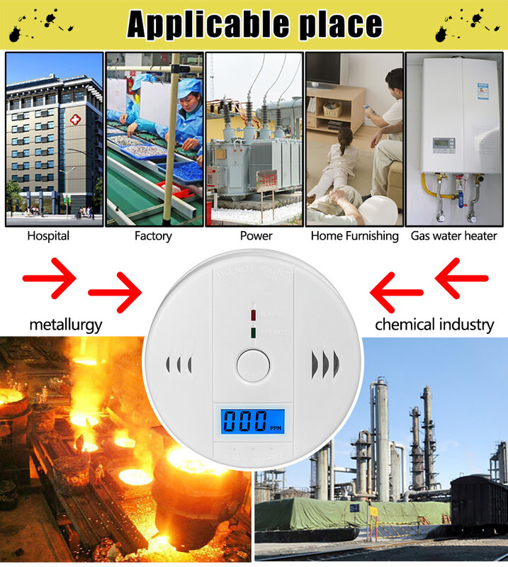 Détecteur de gaz de monoxyde de carbone pour cuisine, LCD, batterie d'alarme, iode, maison