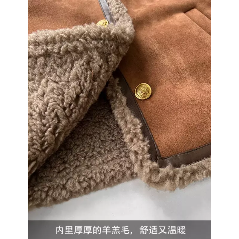 여성용 스웨이드 램 플러시 캐주얼 재킷, 작은 향수 O 넥, 긴팔 프렌치 양면 모피 재킷, 가을 겨울