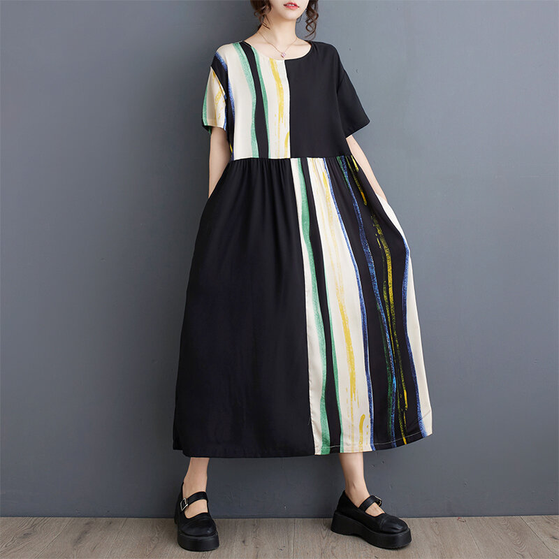 Japanische Korea-Stil Patchwork-Druck gestreifte Kurzarm lose Sommer schwarz Kleid Mode Frauen Freizeit kleid Dame Arbeits kleid