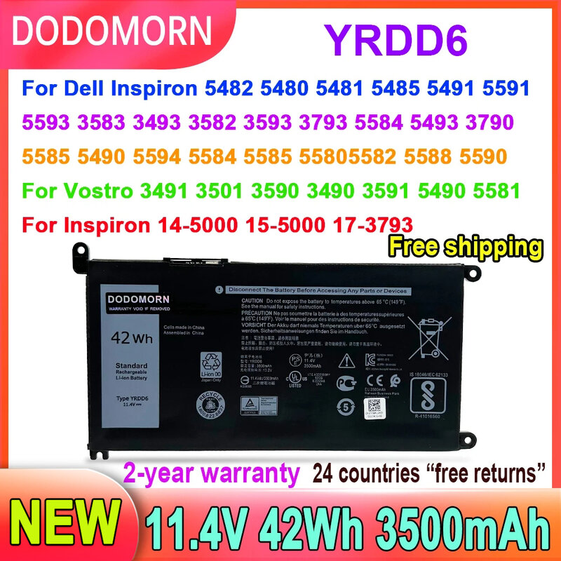 Dodomorn แบตเตอรี่ YRDD6แล็ปท็อปสำหรับ Dell Vostro 3491 3591 3490 3590 3501 5481 5482 5485 5491 5591 5485 5585 5480 11.4V