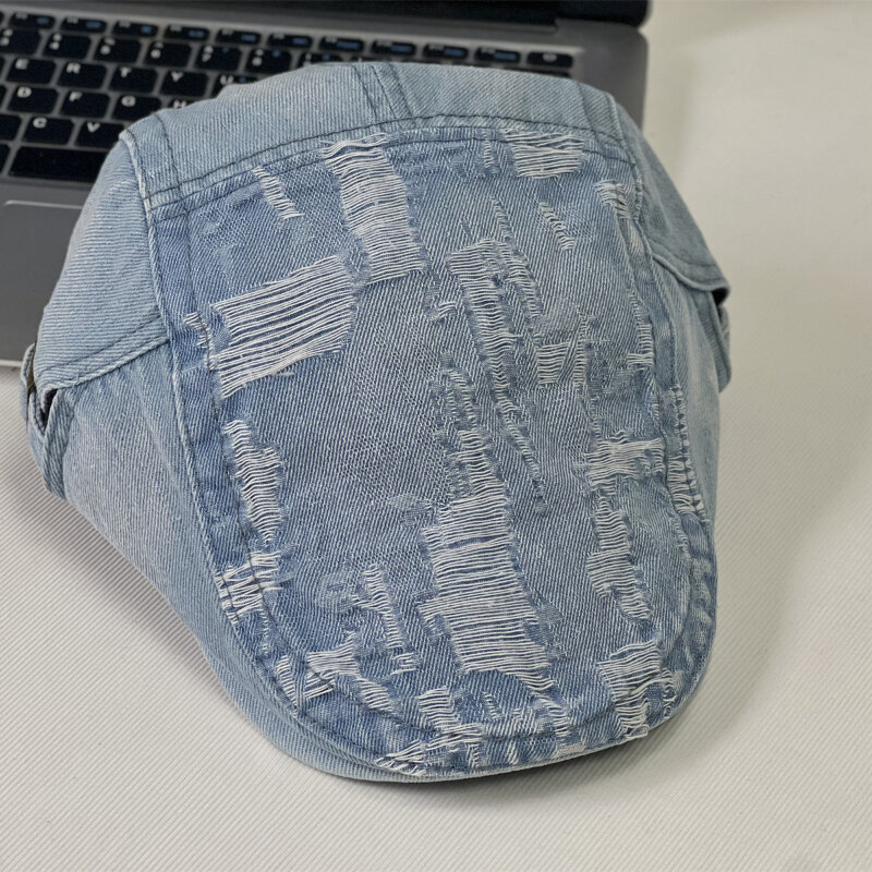 Sprane dżinsy beret Unisex z jeans czapką retro do przodu, regulowany obwód duża główka, modna czapka