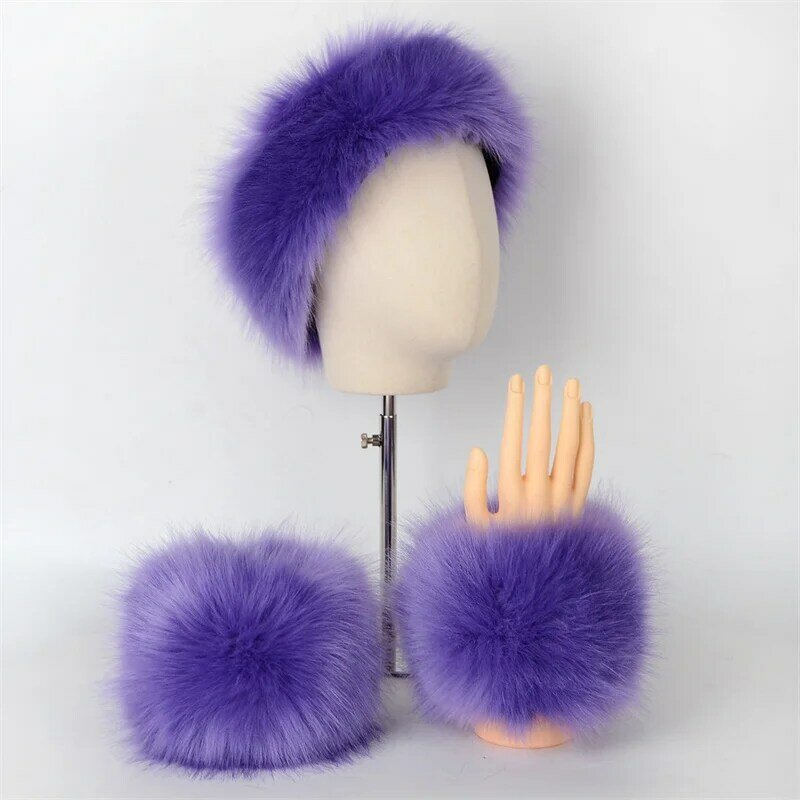 Winter Warmers Faux Fur Headband with Elastic And Faux Fur Wrist Cuffs Set Women Fox Furry Bands Arm Warmer Hat Ski