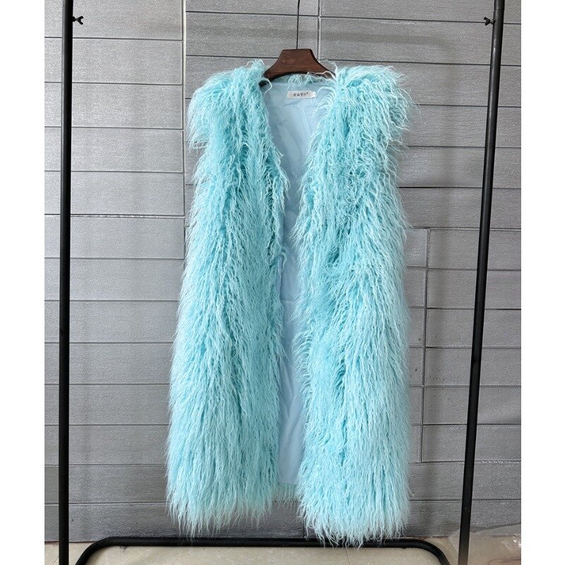 2023 Autumn Winter New Long Over-the-Knee Imitated Tibet Sheep Fur Fur Waistcoat Women Fashion Solid Color V-neck Warm Outwear