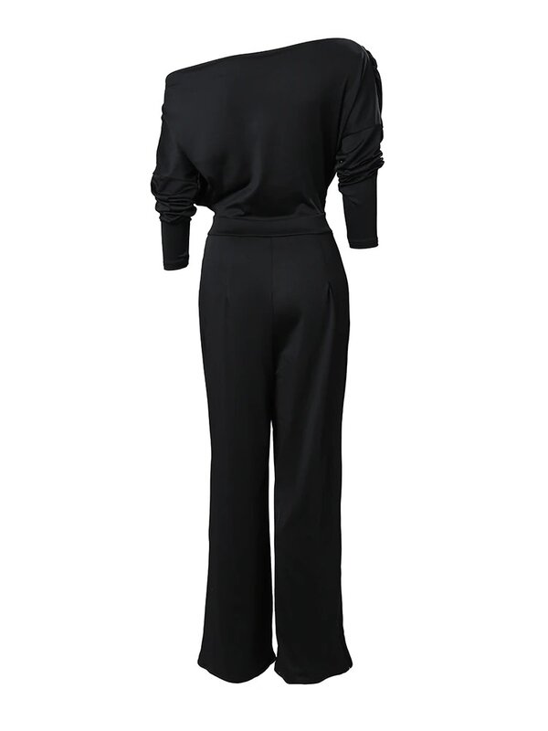 Jumpsuit elegan untuk wanita musim semi baru kantor elegan polos wanita longgar Ruched bahu dingin Hem belahan kaki lebar Jumpsuit OFE04