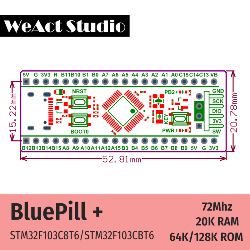 WeAct STM32F103C8T6 STM32F103CBT6 STM32F103 STM32F1 Bluepill Plus ARM STM32 Módulo de placa de desarrollo de sistema mínimo