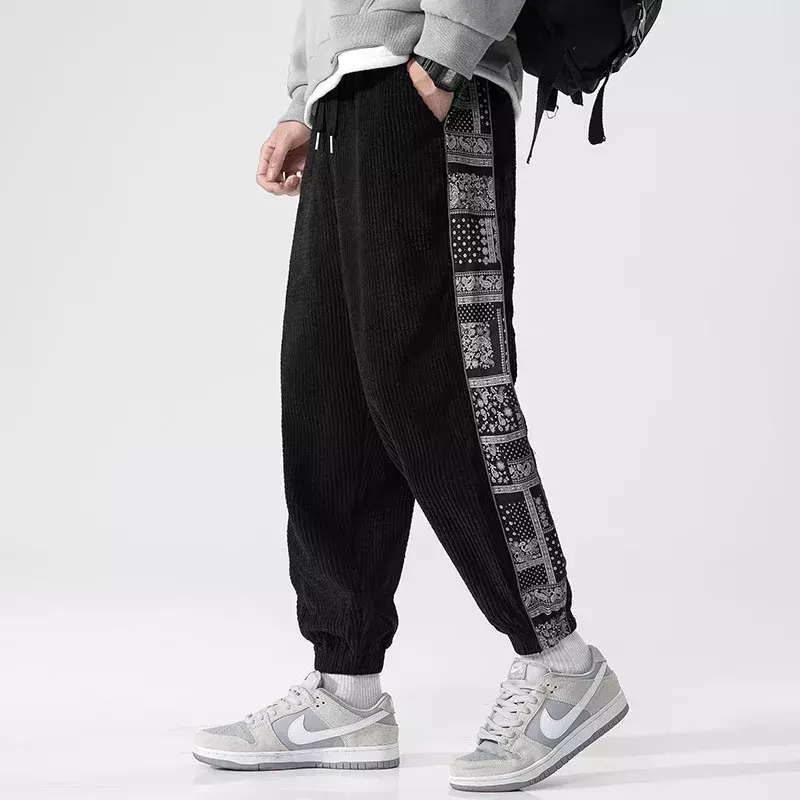 Chinese Style Printed Stitching Corduroy Men's Casual Pants Autumn/Winter New Elastic Waist Small Feet Sweatpants