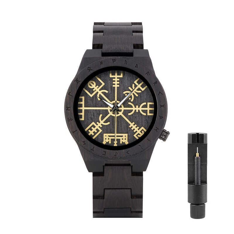 Reloj de madera hecho a mano para hombre, único círculo rúnico, símbolo dorado de relojes, reloj de pulsera de cuarzo ligero, moda
