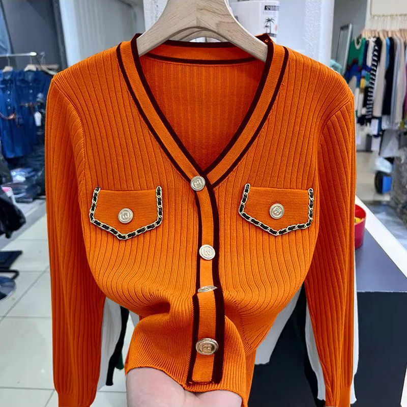 템퍼러먼트 V넥 뜨게 슬림 숏 스웨터, 긴팔 단추 풀오버, 우아한 여성 의류, 용수철 가을 신상 패션