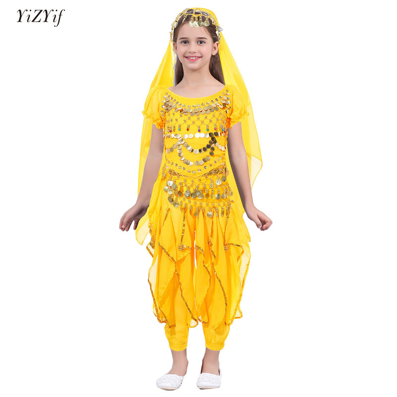 Traje de dança do ventre para crianças, trajes de dança indiana, vestido oriental, roupas novas para meninas, 4 peças por conjunto