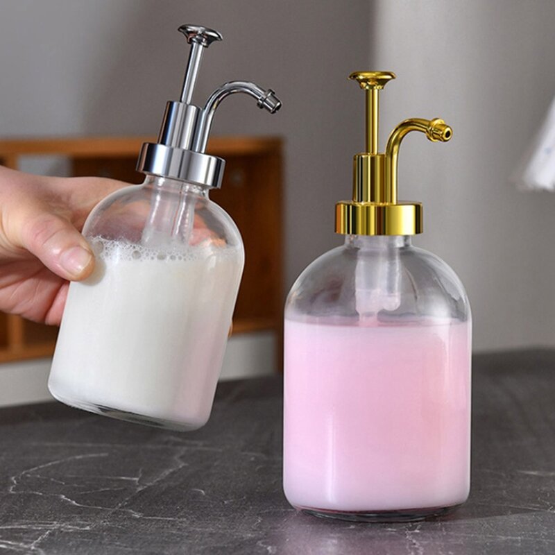 Dispensador de jabón con frascos de vidrio transparente grueso, 2 piezas, con bomba, botellas redondas, a prueba de óxido