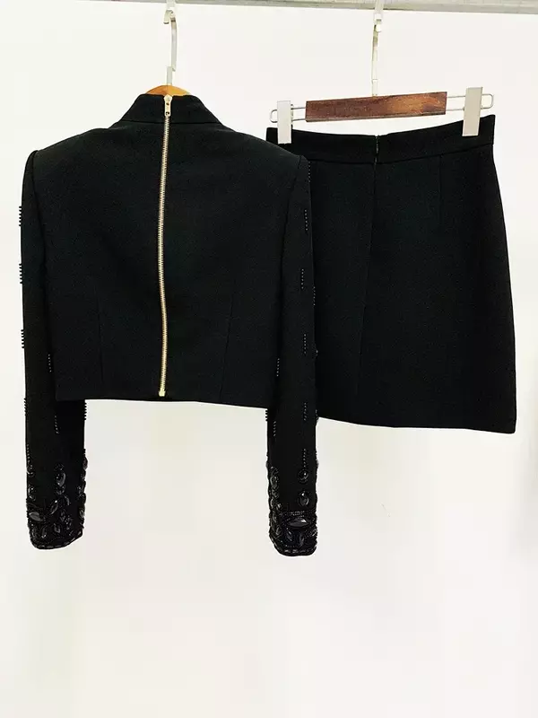 Conjunto de saias mini e top cortadas para mulheres, fato de pista, gola, zip traseiro, designer mais recente, 2 unid, 2024