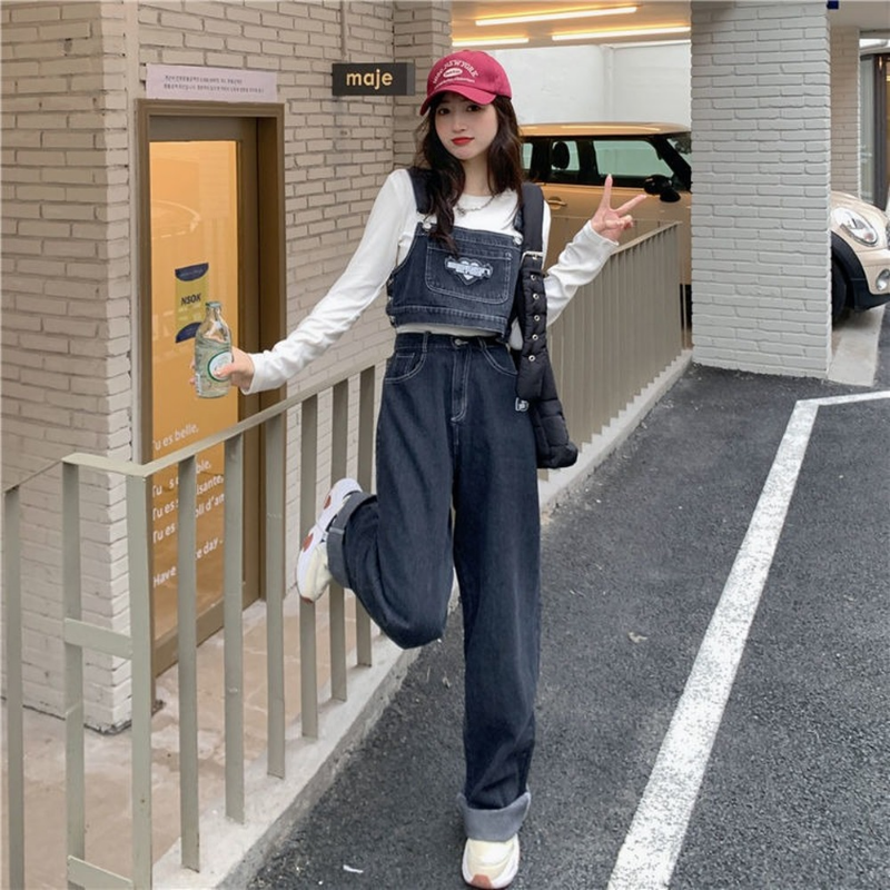 Women Kawaii Denim 2 Piece Set Strapless Sling Design Sleeveless Short Tops and Loose Wide Leg Jeans Streetwear Two Piece Suits