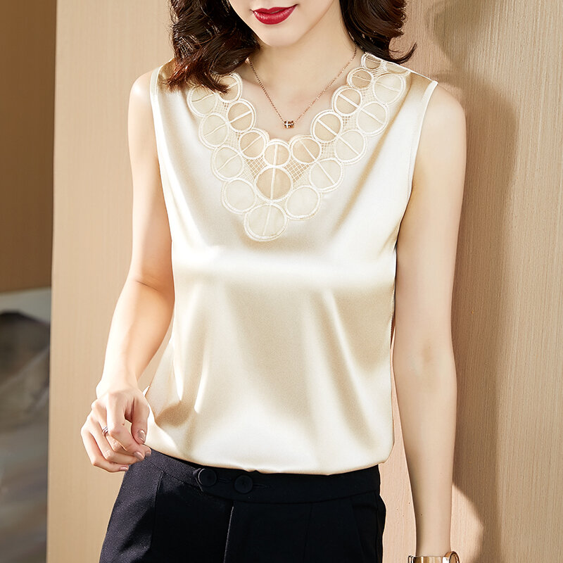 Блузка Женская атласная с V-образным вырезом, Модная шелковая рубашка без рукавов, эластичная кружевная одежда, 2022