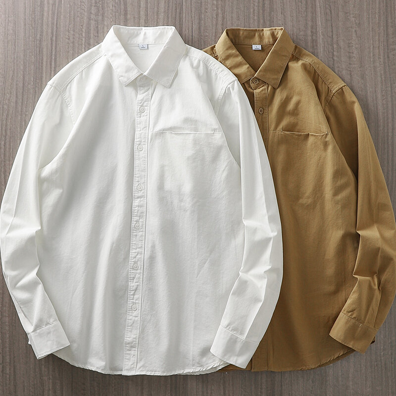 Dukeen Long-Sleeved Shirt Men's Spring and Autumn Cotton Senior Sense of Casual Solid Color White Lapel Shirt Vintage Clothes