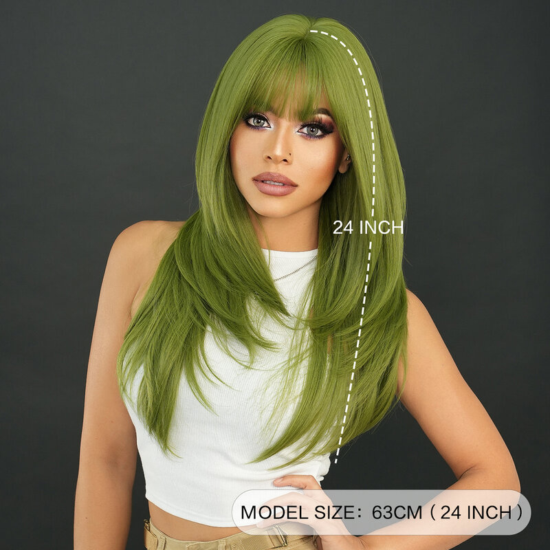 7JHH WIGS Costume Wigs Long Straight Green Wigs with Air Bangs High Layered High Density Synthetic Hair Wig Heat Resistant