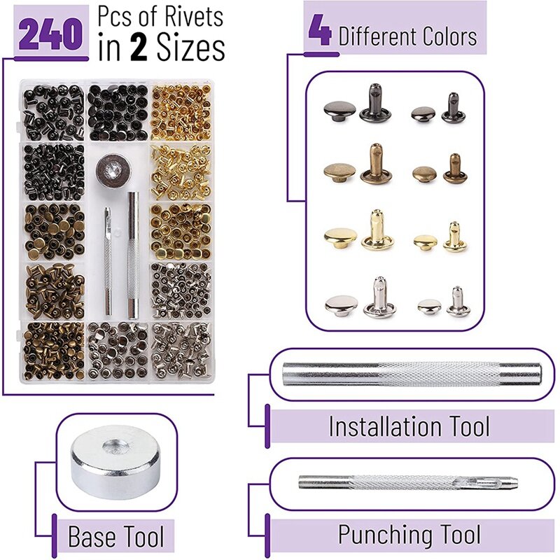 Kit de remaches para cuero, tachuelas tubulares de Metal con herramientas de fijación, remaches de doble tapa, 4 colores, 2 tamaños, 240 piezas