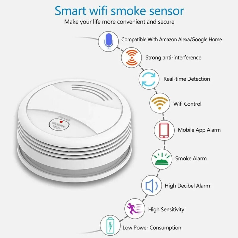 WiFi Smoke Alarm Tuya Smart Life Fire Protection Smokehouse Alarm System Home Security Smoke Detector