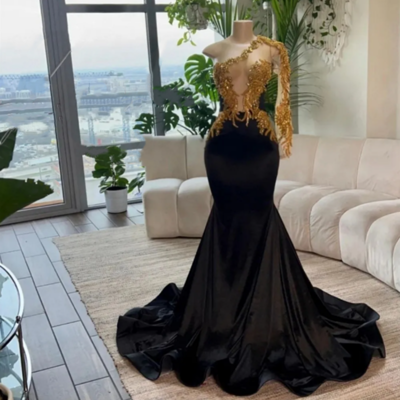 Черные вечерние платья с юбкой-годе, блестящее женское платье для официальной вечеринки, платье на одно плечо с длинным рукавом для особых случаев, платье для выпускного вечера
