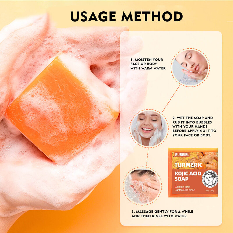 100g Turmeric Kojic Acid Whitening Soap Kit Dark Spot Acne Removal Anit Aging Mositen Smooth Skin Deep Cleansing Handmade Soap
