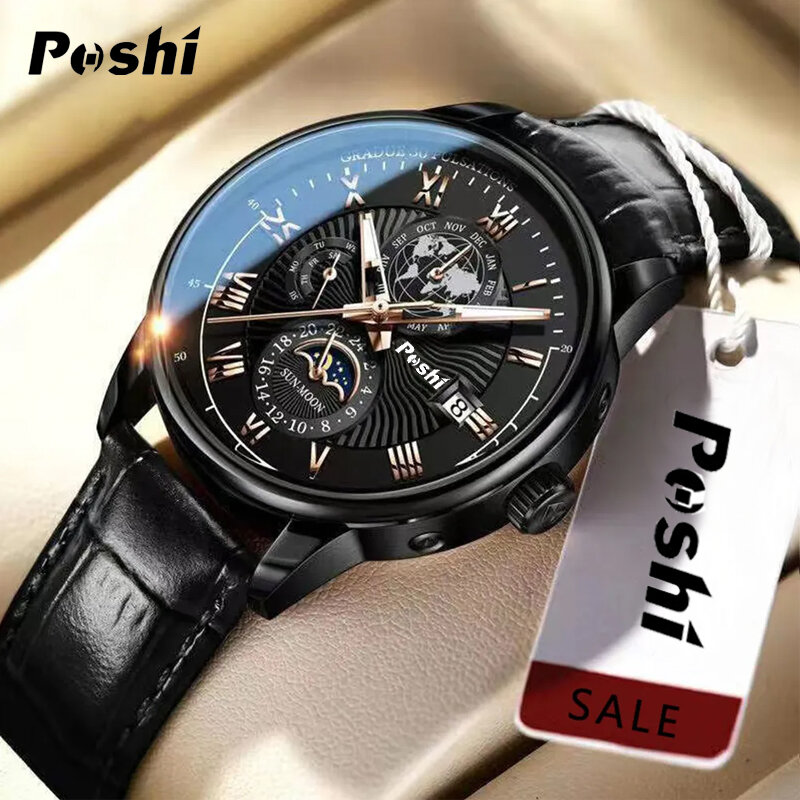 POSHI-Relógio de pulso impermeável masculino, relógio de quartzo, couro luminoso, data, moda superior, luxo, marca superior