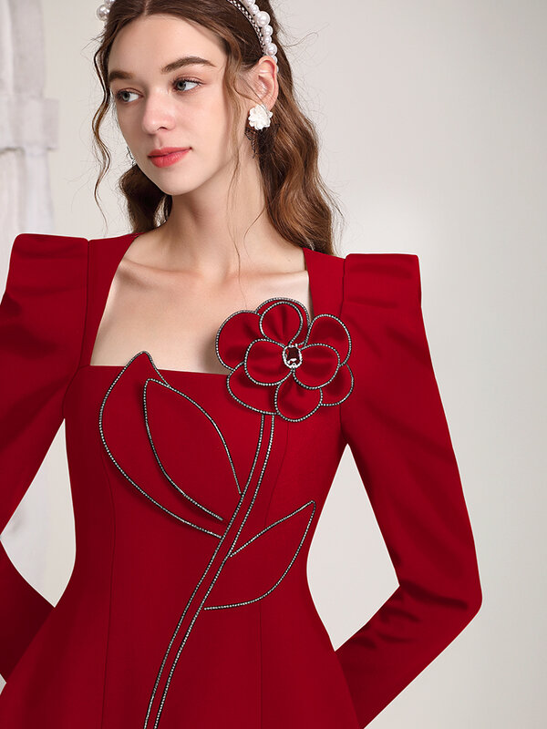 Women's Hepburn Style 3D Flower Red Dress, elegante, retro, outono, pequeno, novo