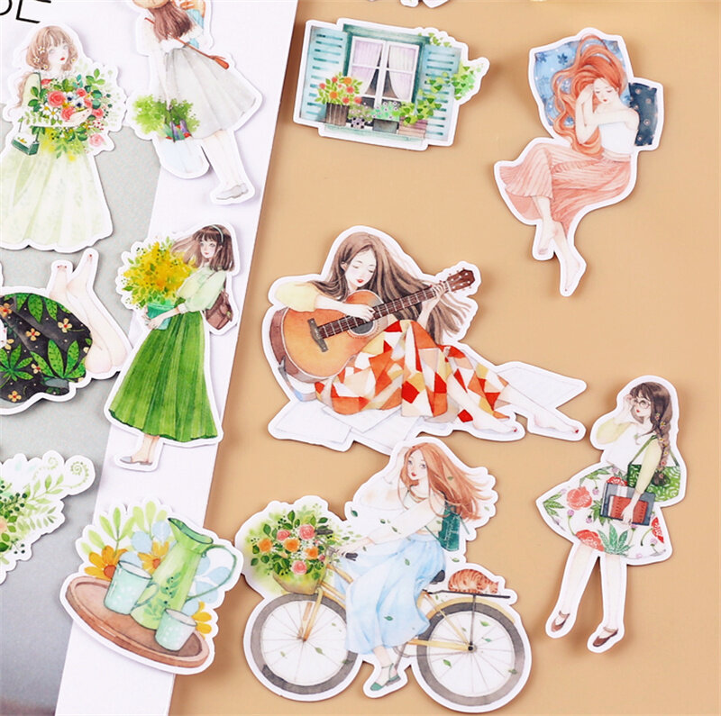 20pcs Handbook Landscape Flower Girl Stickers Handbook For Phone Car Label Decorative Stationery Scrapbooking DIY Diary Album