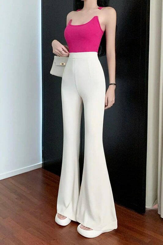 Calça feminina casual de damasco, cintura alta, tubo reto, micro-queimado, perna larga, outono