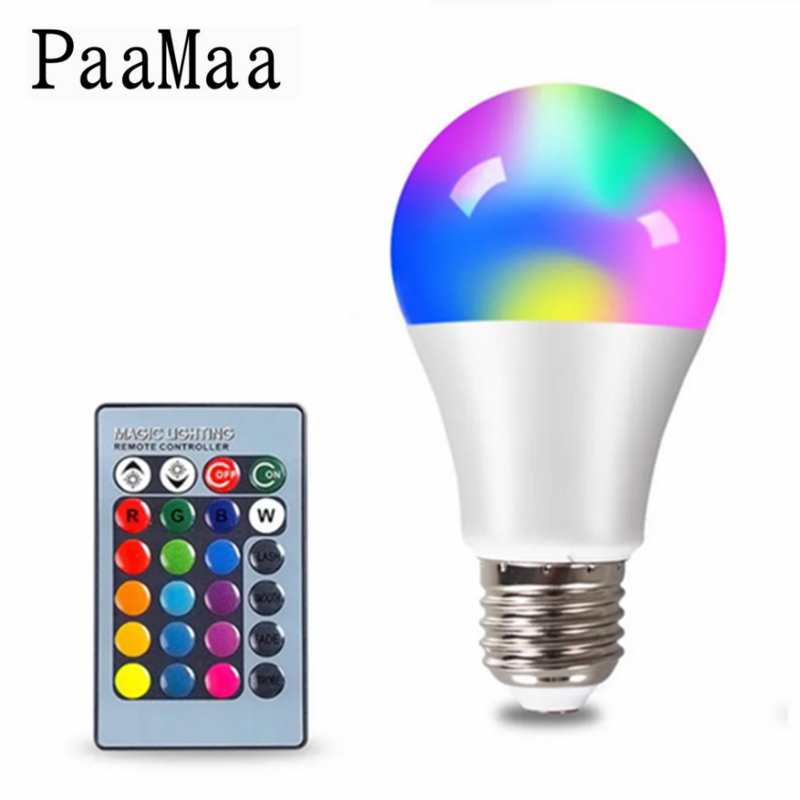 Lâmpada LED inteligente para decoração de casa, E27, AC 85-265V, 4W, 10W, 15W, controle remoto IR, RGBW