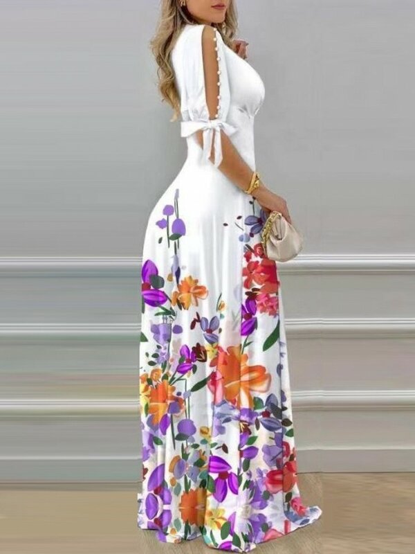 Gaun Maxi panjang wanita, pakaian musim panas Afrika motif bunga tambal sulam pakaian Afrika mode baru