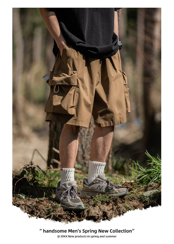 Pantalones cortos de trabajo sueltos con Bolsillo grande 3D para hombre, pantalones de cinco Partes, cuerda elástica informal, función deportiva, japonés, Verano