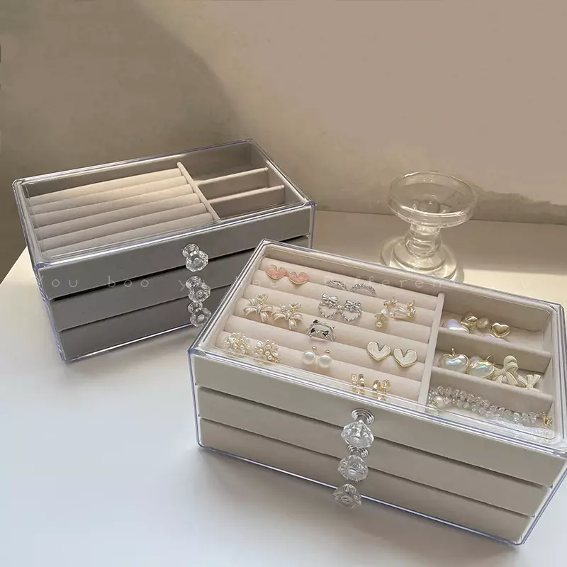 صندوق منظم مجوهرات أكريليك ، درج 3 طبقات ، تخزين قلادة أقراط مخملية فاخرة ، صناديق عرض خواتم