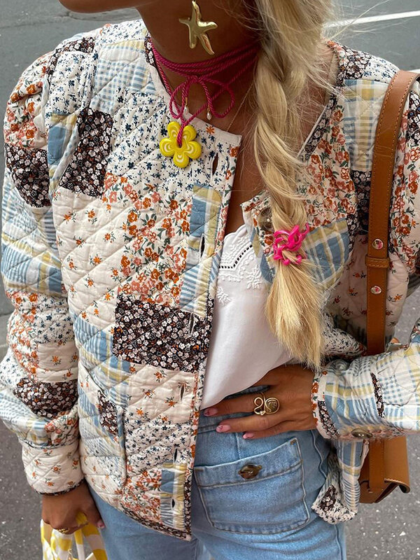 Casaco leve com estampa floral para mulheres, jaqueta acolchoada, manga comprida, botão, streetwear casual, casacos, outono