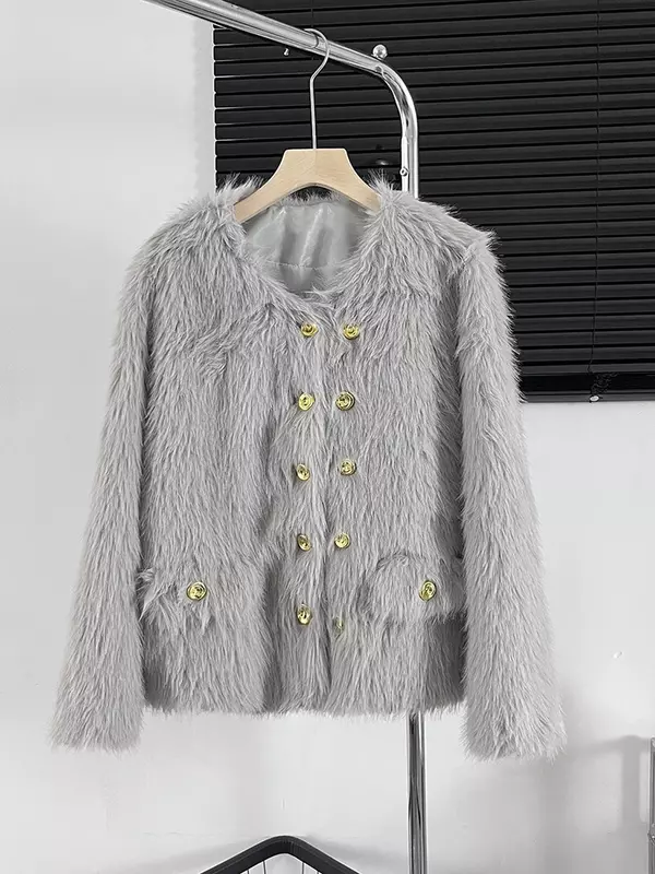 Женская куртка из искусственного меха, новая зимняя плотная теплая двубортная верхняя одежда в Корейском стиле с длинным рукавом, свободные однотонные пальто, 2023
