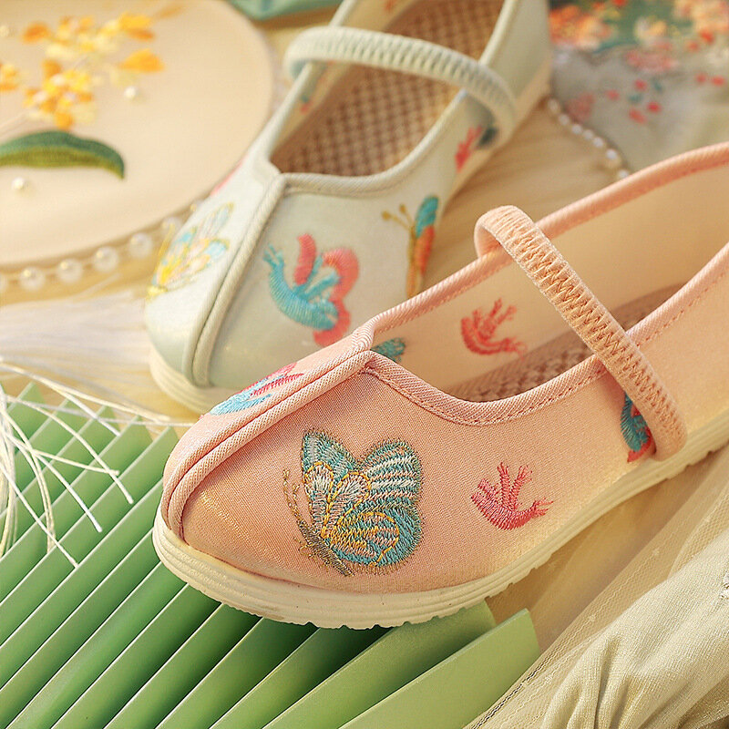 Обувь ханьфу в китайском стиле для девочек из хлопчатобумажной ткани, традиционная винтажная Этническая обувь с цветочной вышивкой для маленьких девочек, новинка 2022