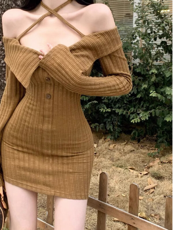 Vestido de punto de un hombro con tirantes para mujer, elegante vestido Sexy de manga larga con solapa envuelta en la cadera, VI3O, novedad de verano, 2023