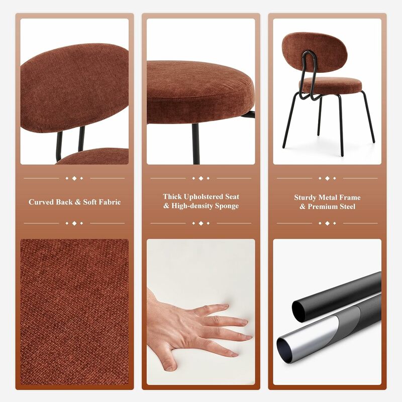 Nowoczesna tkanina krzesła do jadalni zestaw 2 tapicerowanych krzeseł kuchennych do jadalni z zakrzywionym oparciem, okrągłe siedzisko, czarnym nogi metalowe