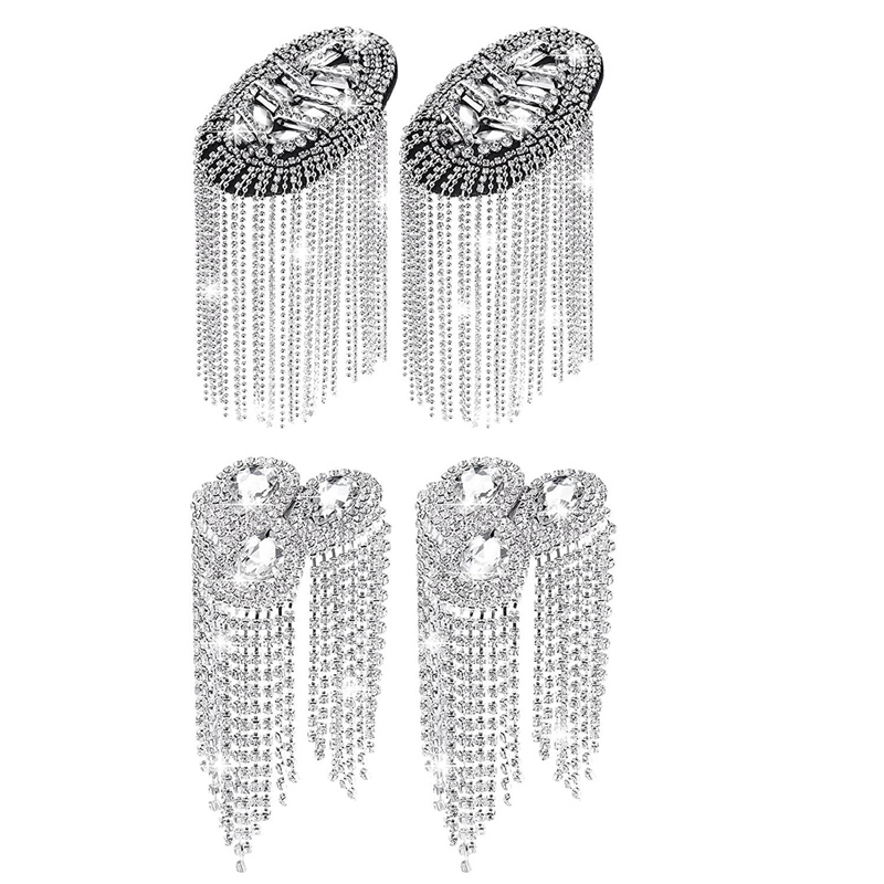 4 Pieces Crystal Fringe Epaulets Fringe Shoulder Jewelry Rhinestone Shoulder Plate Clothing Epaulets Decor , (Silver)