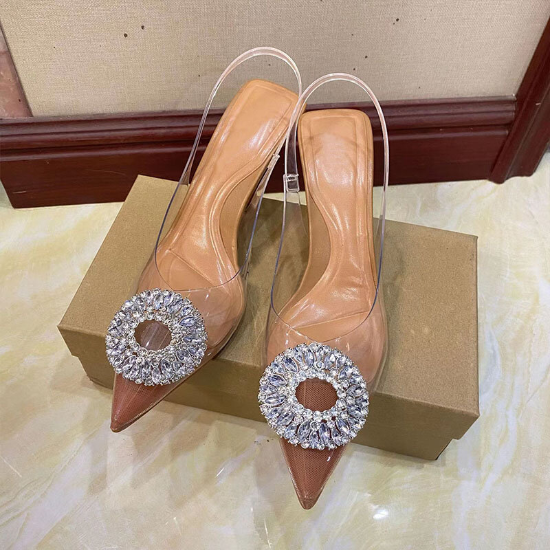 Sandalias de tacón alto puntiagudas para mujer, zapatos de verano con diamantes de imitación transparentes, temperamento Muller, sandalias con correa trasera