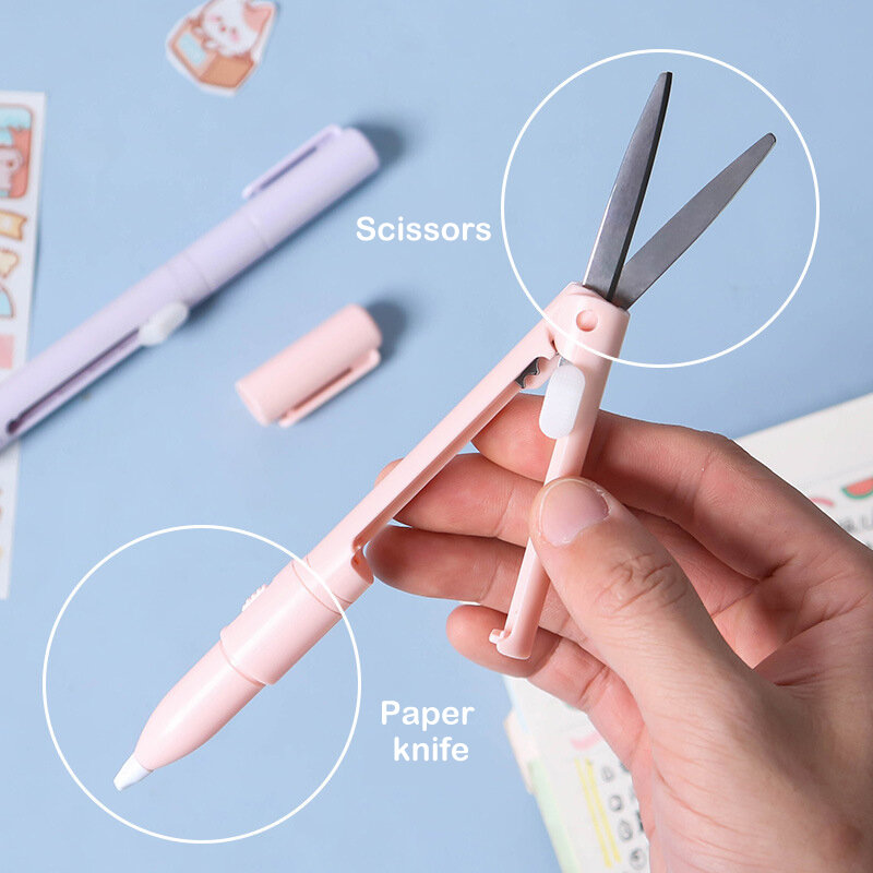 Przenośne mini kolorowe składane nożyczki Mini wielofunkcyjny nóż do grawerowania nożyczki przycinanie papieru nóż introligatorski przybory szkolne
