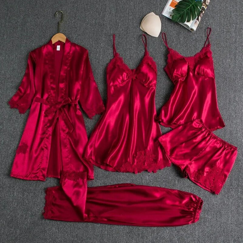 Conjunto de pijama de seda de hielo para mujer, camisón Sexy de manga larga para adultos, conjunto multicolor de 5 piezas, primavera y otoño, novedad de 2024