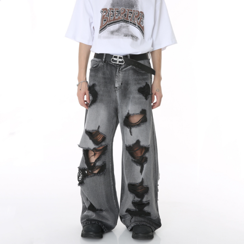 Hip Hop Personality Ripped Hole Design Jeans For Men Y2K Dark Punk Style Four Season Straight Denim Pants pantalones 청바지 джинсы