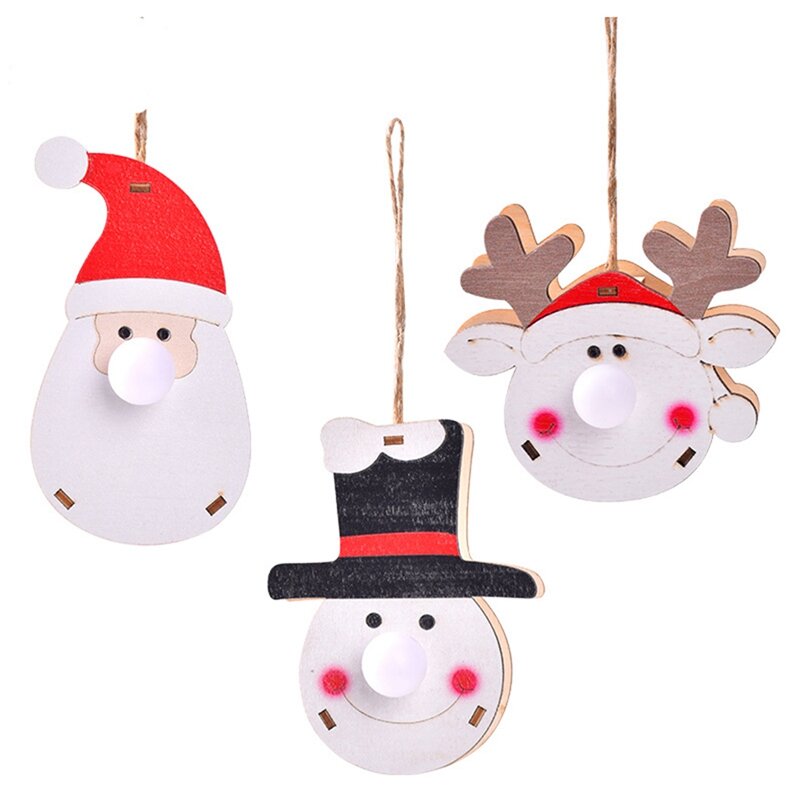 Ornaments Tree Lights Elk-Decor Hanging Light For Snowman-Pendants Wooden Cartoon Luminous Decor