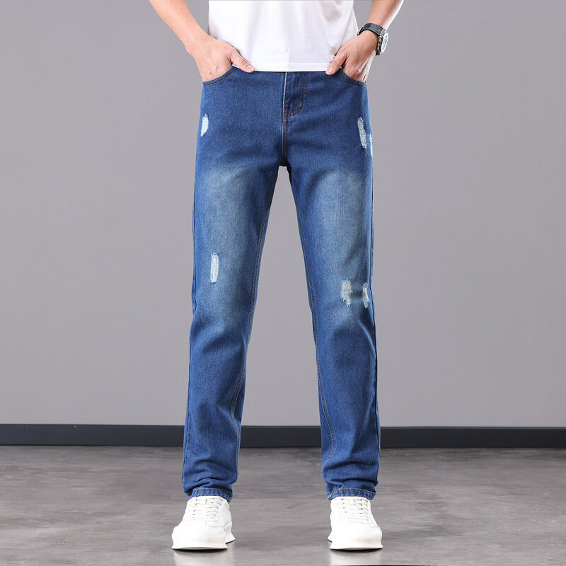 Plus Size Jeans Herren schlanke zerlumpte Löcher Tide Tide Marke Hip-Hop Bettler dünne Modelle 46 48