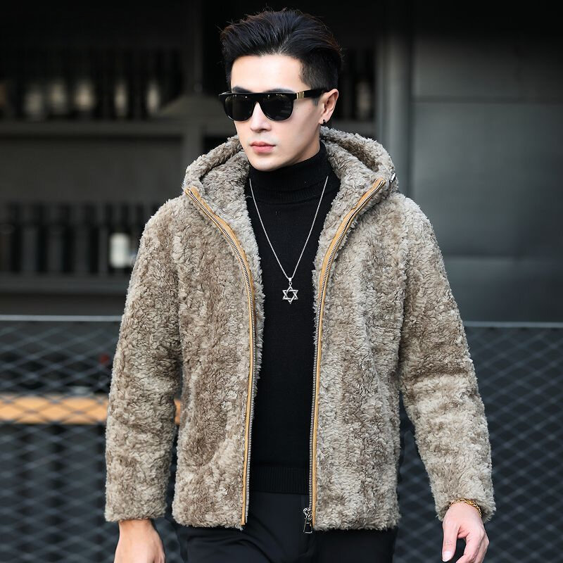 남성용 긴팔 따뜻한 후드 코트, 정품 양털 재킷, 슬림핏 포켓 아우터, 2023 가을 겨울 신상, I515