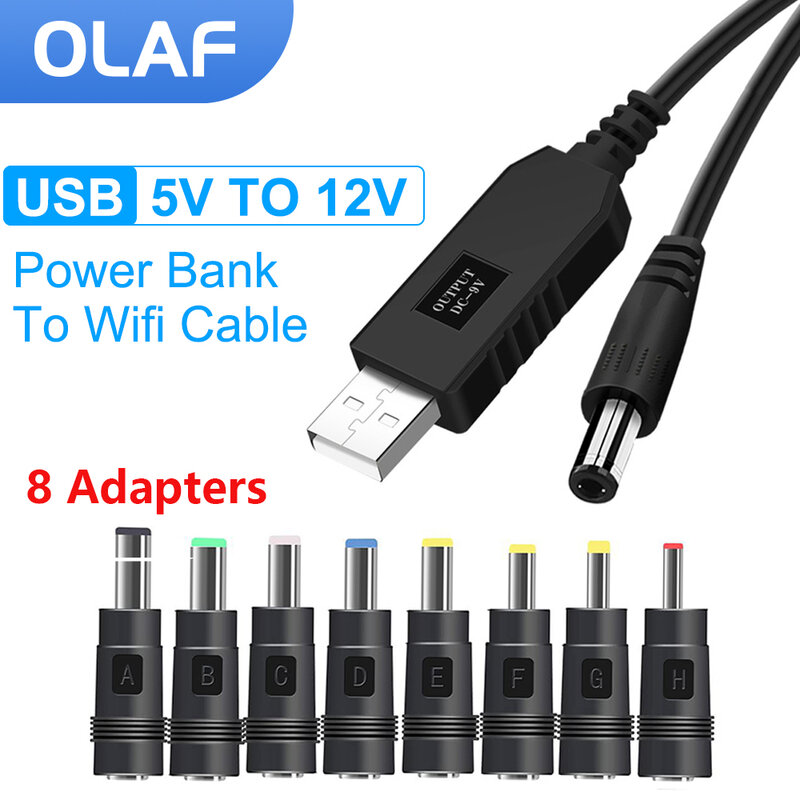 OLAF-USB para DC Power Cable, 5V a 12V Boost Converter, 8 Adaptadores, USB para DC Jack, Cabo de carregamento para Roteador WiFi, Mini Ventilador, Alto-falante