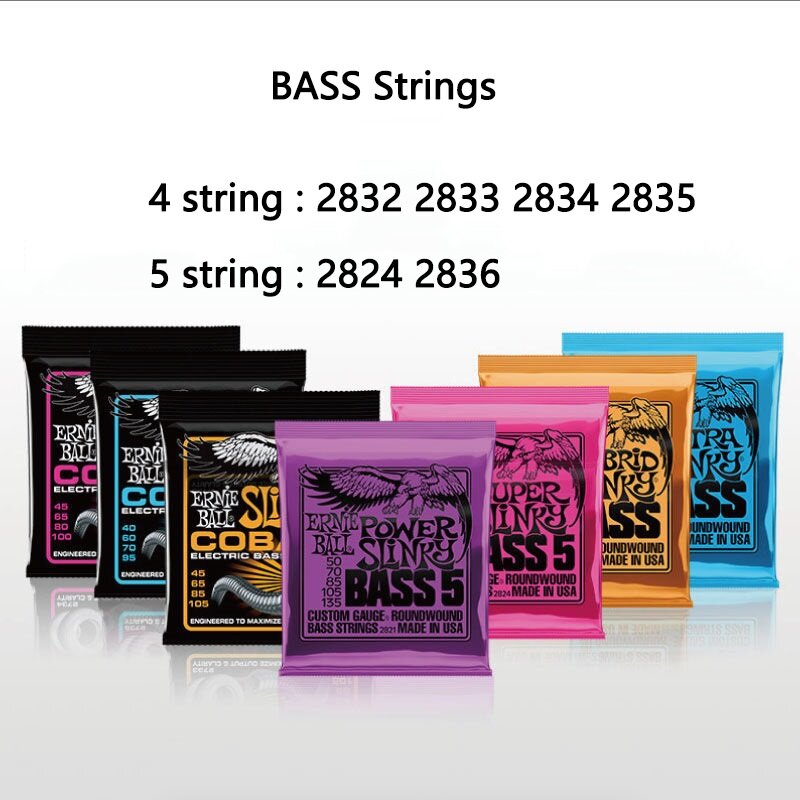 Басовые струны Ernie Ball 2833 45-105, гибридная круглая обмотка для 4 струн/2836, обычные Slinky 45-130 для 5-струнных электрических басов