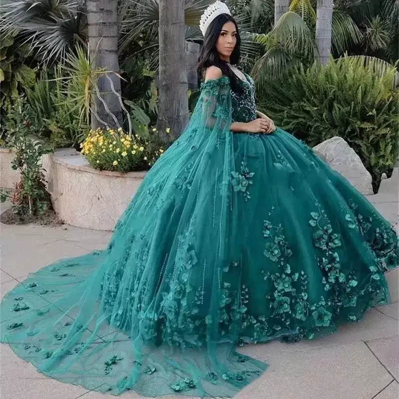 Hunter-Vestidos De Quinceañera De princesa verde con capa, moda, apliques De flores 3D, vestido De baile De 15 años, fiesta De cumpleaños