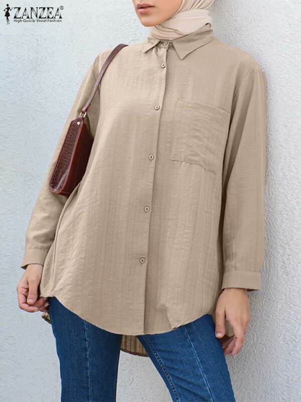 ZANZEA-Chemisier boutonné pour femme, chemise décontractée, col à revers élégant, manches longues, monochromatique, travail, vêtements islamiques musulmans, mode